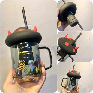 星巴克新款杯子炫彩带盖办公室万圣节可爱恶魔角蘑菇茶漏梅森玻璃
