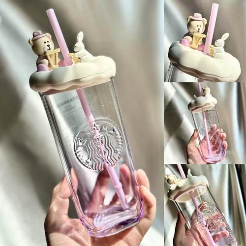 新款星巴克杯子花园舞曲系列粉色款可爱小熊兔子玻璃吸管杯