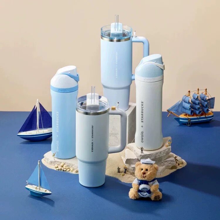 星巴克杯子2025韩国海军蓝色白色万花筒马克吸管不锈钢保温水杯