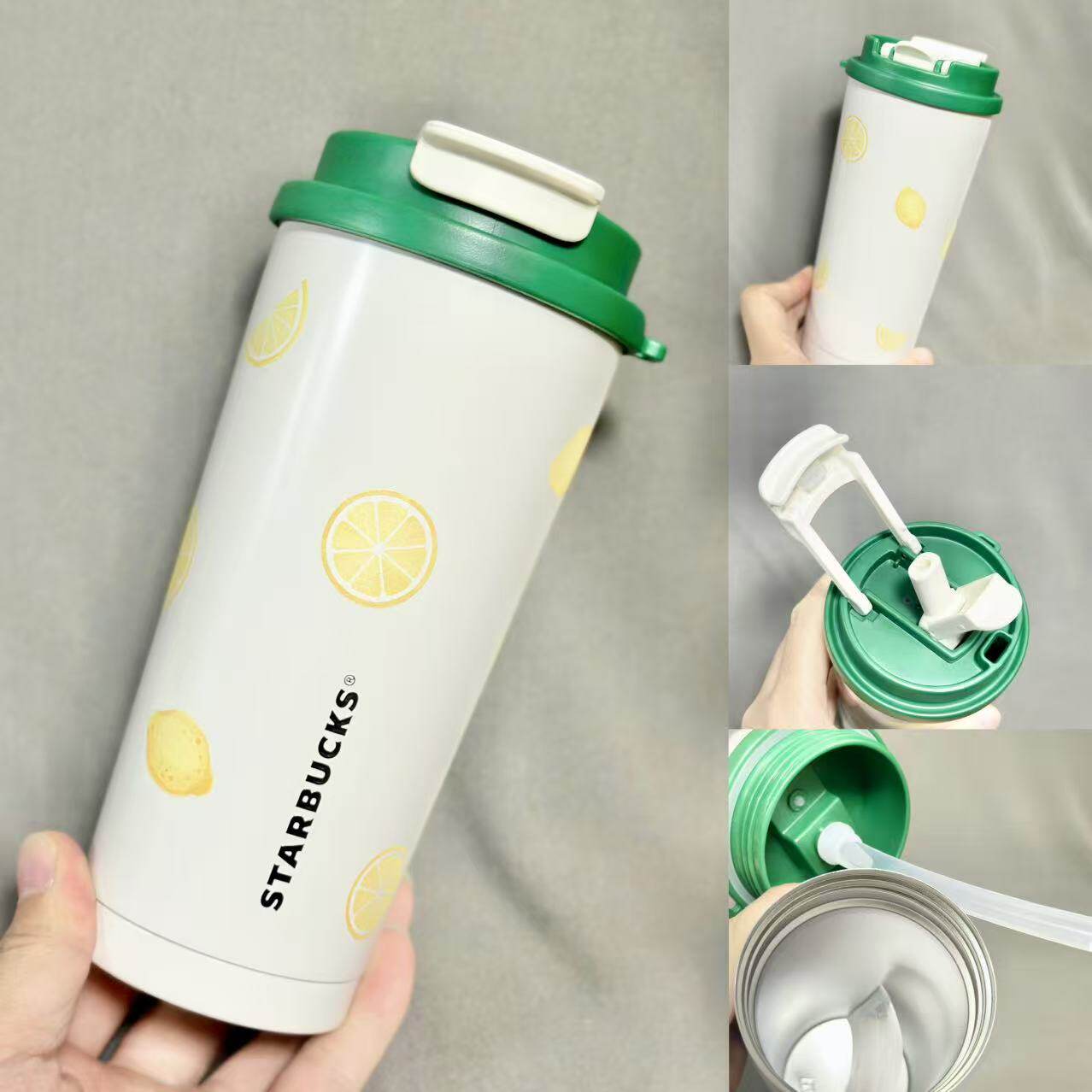 星巴克杯子绿盖柠檬夏日简约双饮口蓝色不锈钢保温瓶提手随行杯