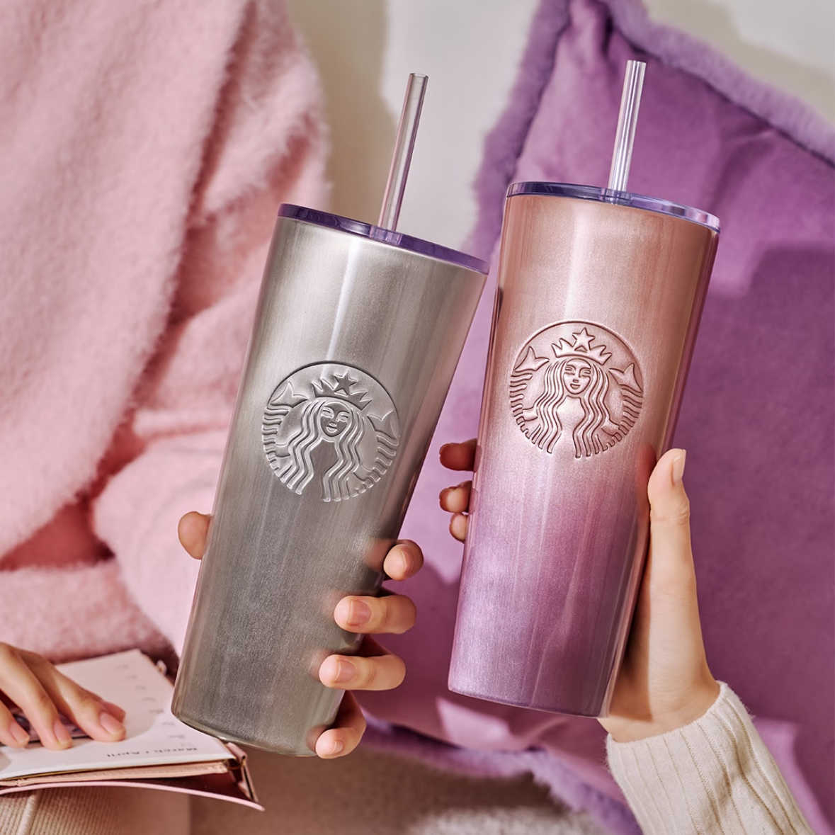 星巴克星动告白高颜值银灰色紫色猫眼不锈钢吸管杯子大容量790ml