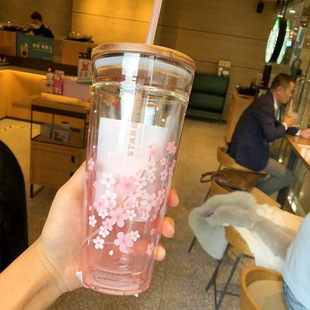 韩国星巴克杯子樱花小熊玻璃吸管杯粉色渐变女神随行杯水杯木盖