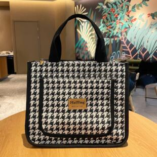 千鸟格多口袋手提包女时尚帆布便携通勤手拎袋妈咪外出便当饭盒袋