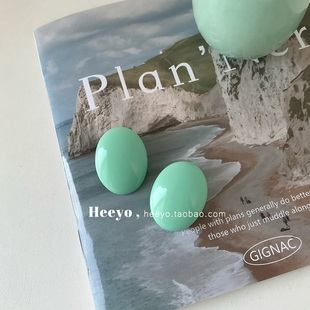 heeyo 薄荷曼波/ 韩风度假复古银耳钉港风椭圆浅绿奶油色耳夹耳环