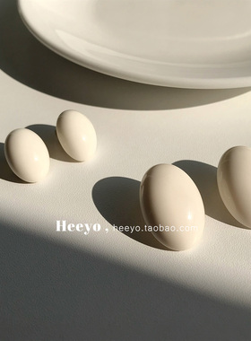 heeyo 白日舒曼/ 港风温柔米白椭圆银耳钉耳夹女法式气质复古耳环