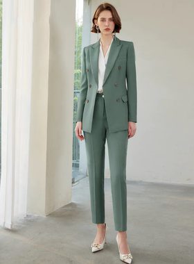 秋季时尚OL西装套裤设计感小众高级感绿色西服长袖职业装正装套装
