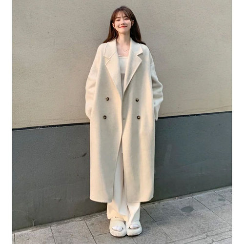 韩版宽松中长款系带毛呢外套女