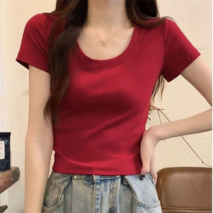 纯色面膜短袖 夏装 锁骨T恤女修身 新款 上衣U领显瘦百搭洋气 正肩短款