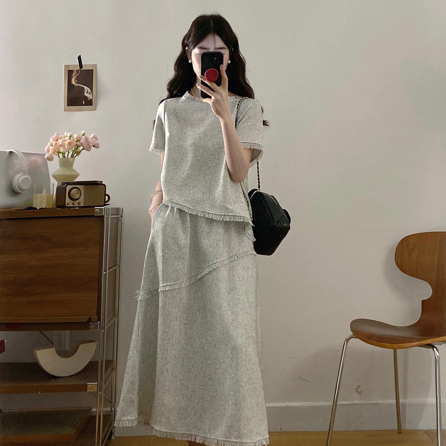 大码女装夏季宽松显瘦遮肉胖MM减龄高级感圆领气质休闲流苏裙套装