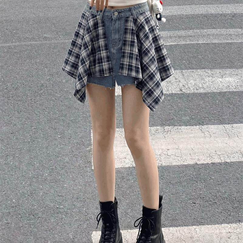 格子拼接屁帘牛仔短裤女2026夏季新款大码胖mm小个子美式直筒裤子