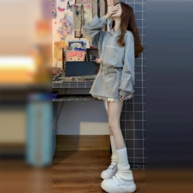 灰色连帽卫衣连衣裙子女2025新款春秋季小个子学院风韩系穿搭短裙