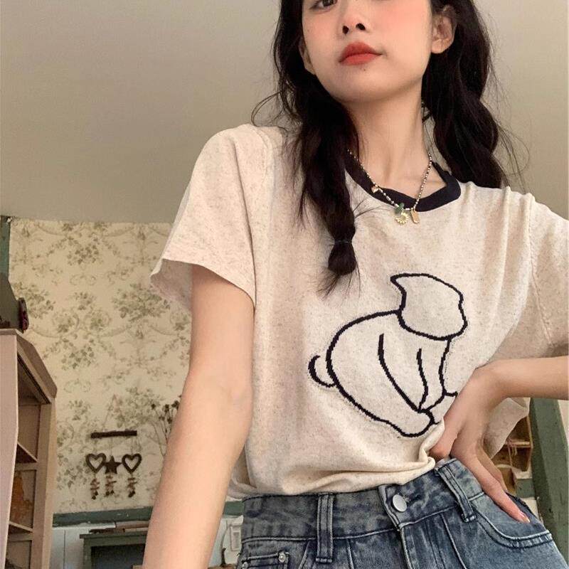 卡通好看冰丝针织衫短袖T恤女夏季设计感小众撞色圆领正肩上衣潮