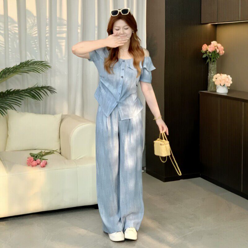 大码女装一字肩上衣休闲裤减龄巨显瘦套装胖mm2026超火夏装一整套