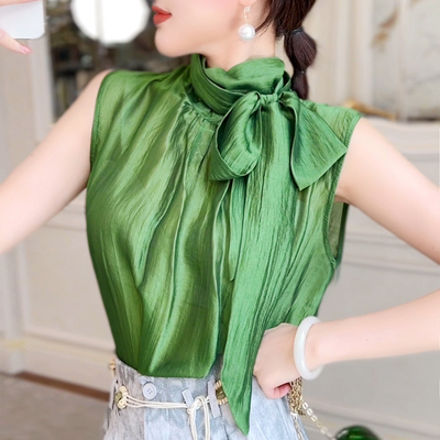 飞姐定制洋气飘带无袖设计T恤上衣缎面高领气质宽松衬衣夏季