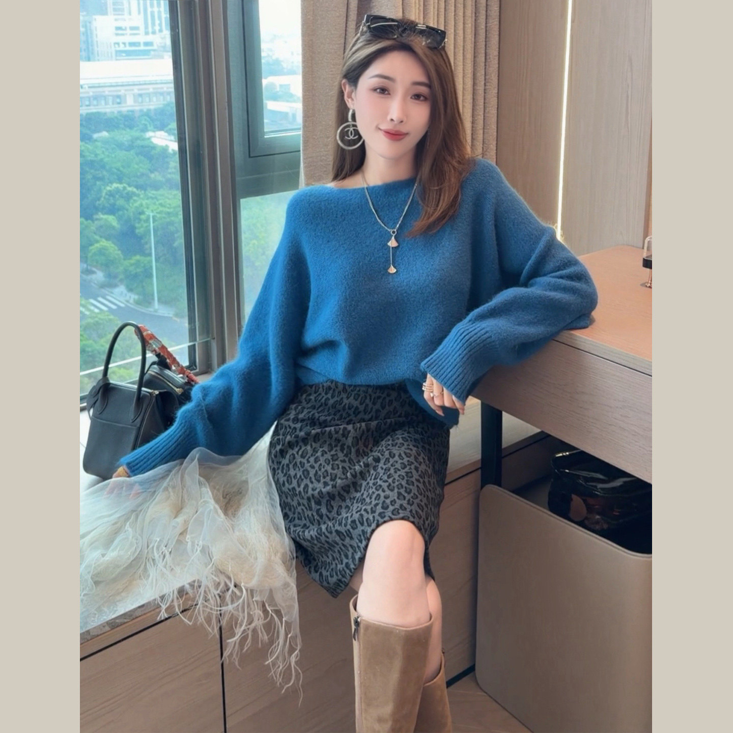 【新品85折】一字领软糯马海毛毛衣女 宽松慵懒风蝙蝠袖针织上衣