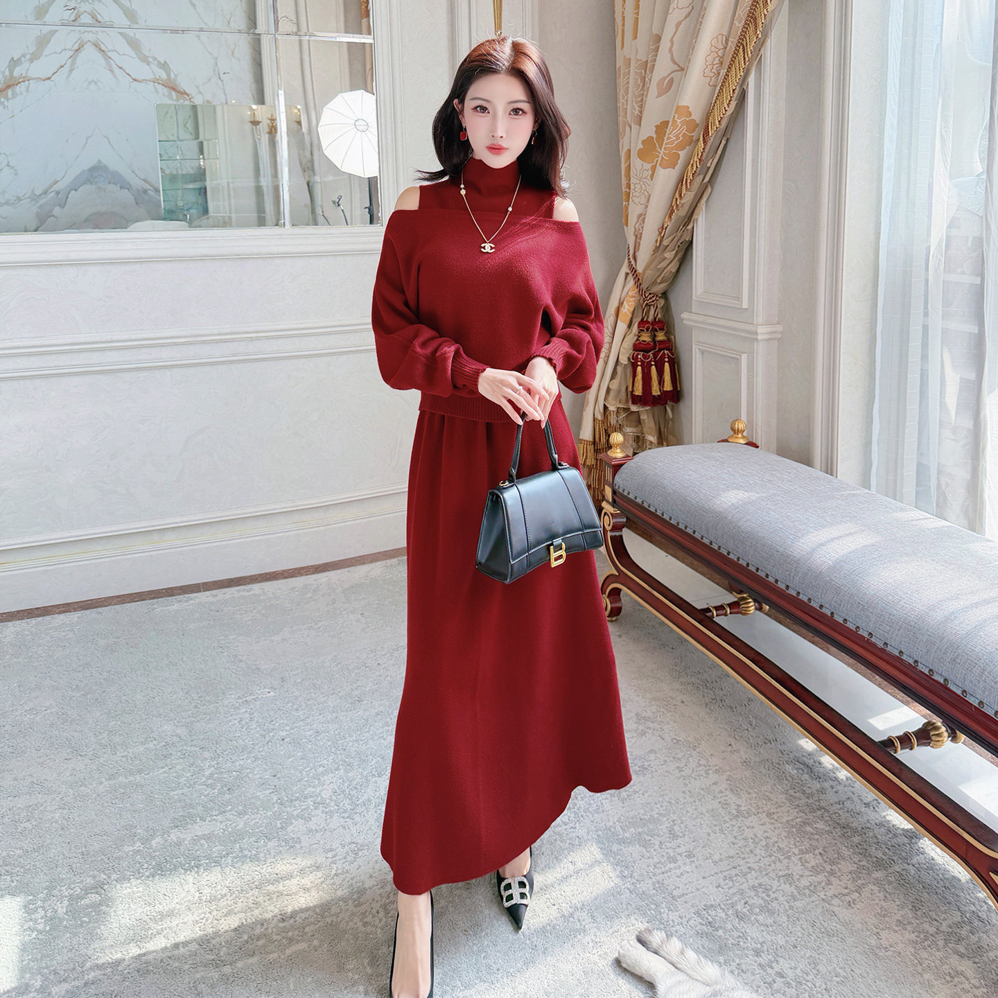 【新品9折】韩版时尚针织套装一字领上衣+高领背心+长裙三件套女,女装/女士精品,时尚套装,淘宝优惠券,粉丝福利购,淘宝优惠卷