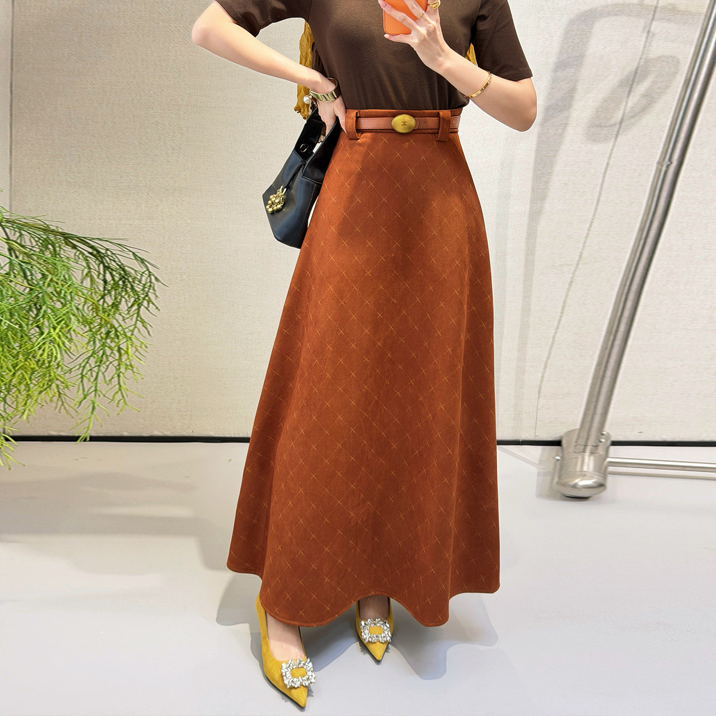【新品88折】焦糖菱格半身长裙 高腰A字大摆裙配腰带显瘦伞裙