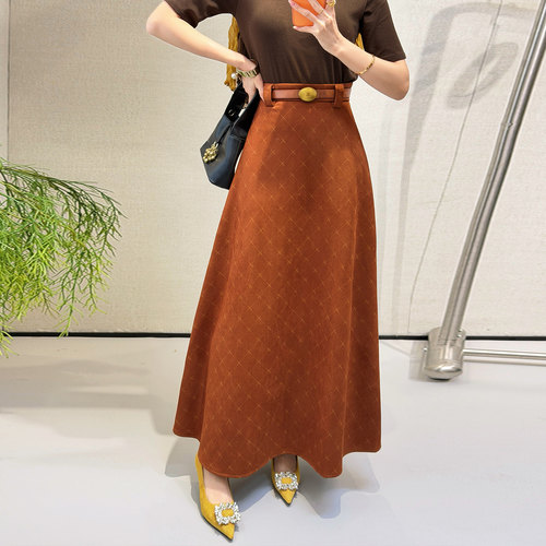【新品88折】焦糖菱格半身长裙 高腰A字大摆裙配腰带显瘦伞裙