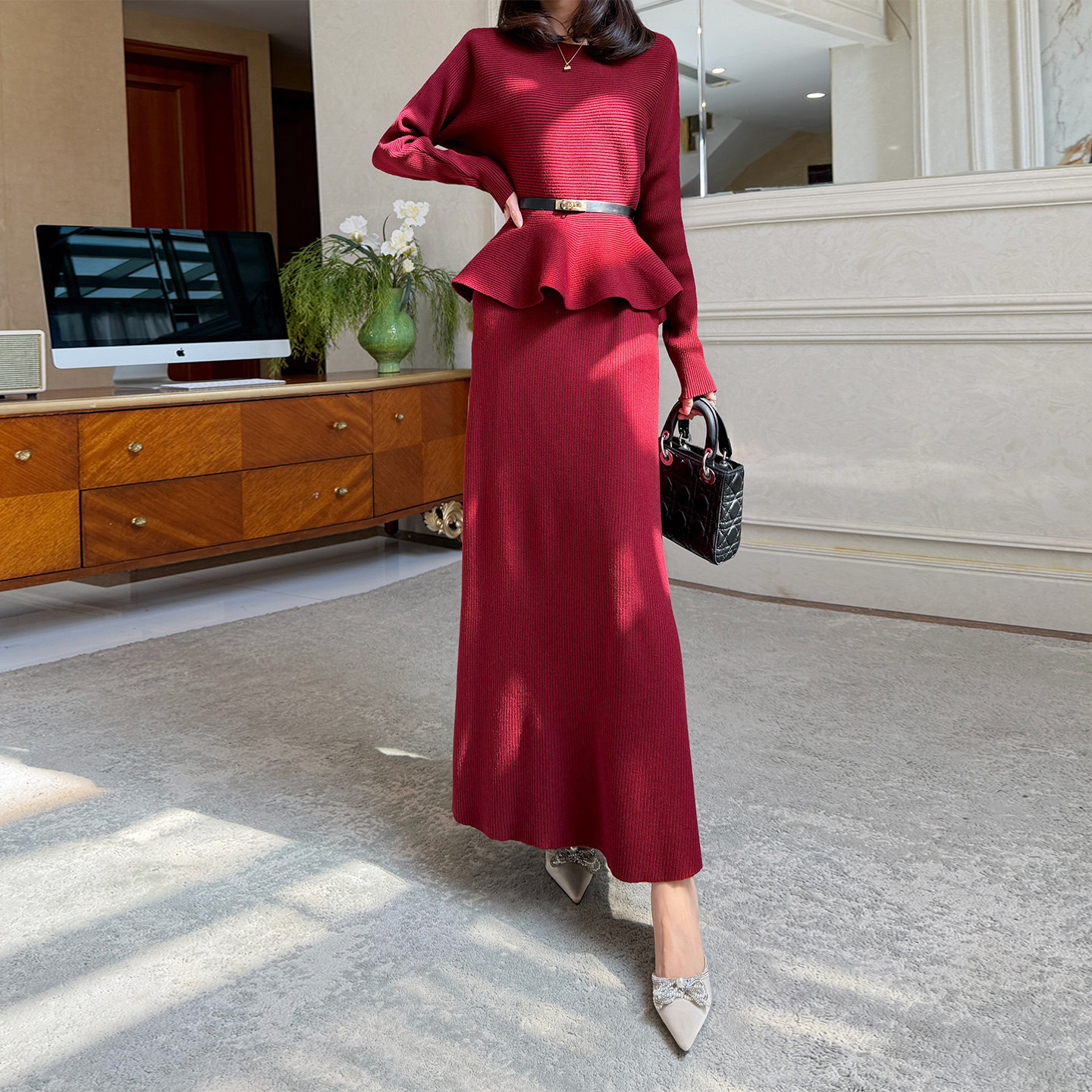 【新品9折】韩版时尚针织套装一字领长袖收腰上衣+半身裙两件套,女装/女士精品,时尚套装,淘宝优惠券,粉丝福利购,淘宝优惠卷