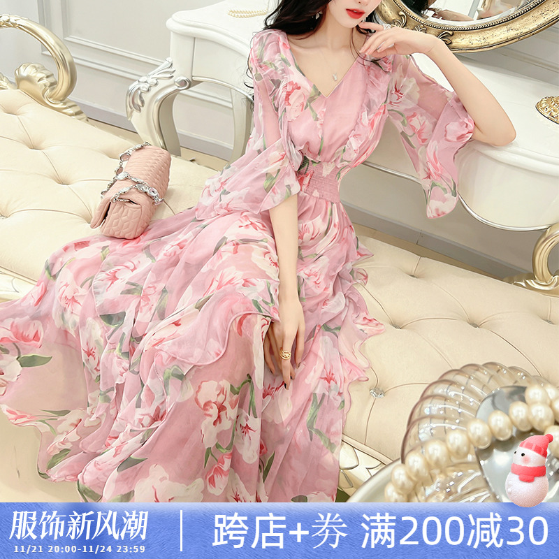 飞姐定制 甜美气质雪纺连衣裙2023年春夏新款女印花V领收腰中长裙