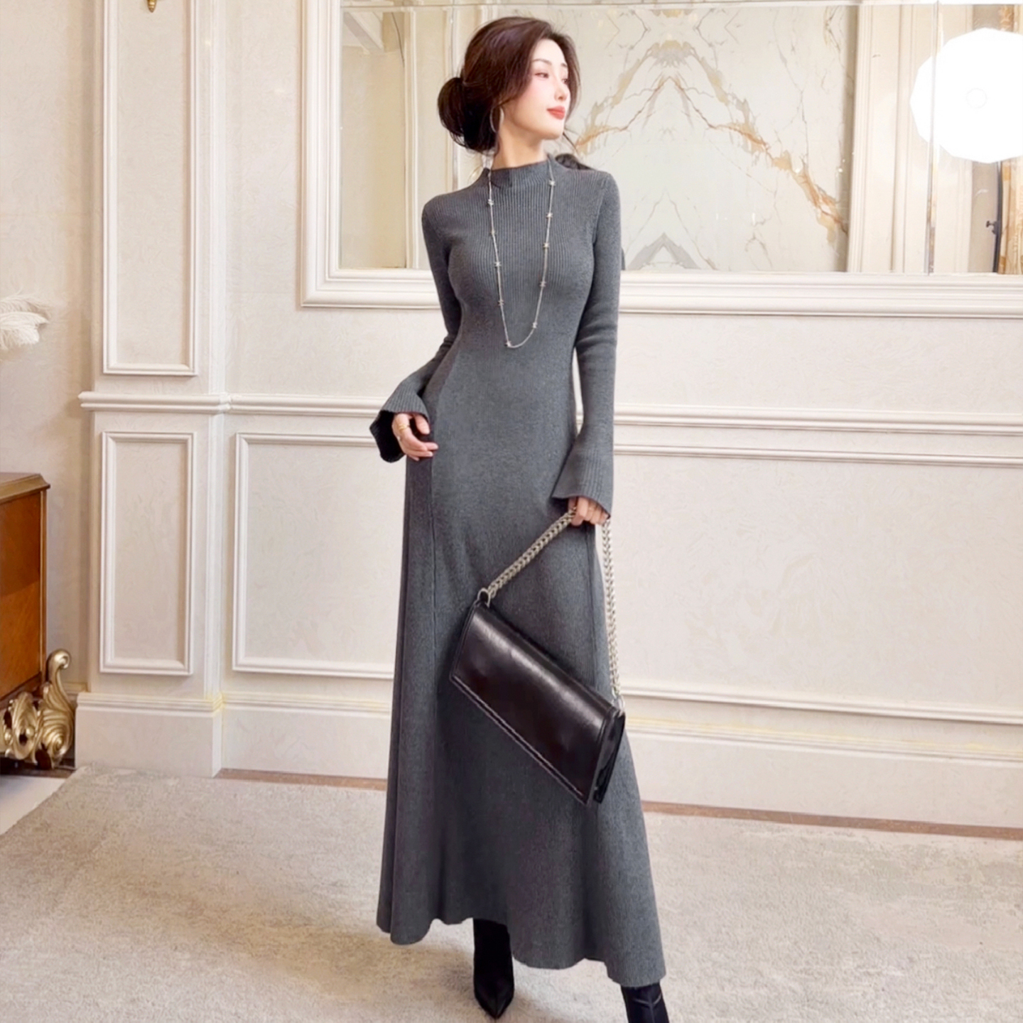 【新品9折】喇叭袖针织连衣裙秋冬修身显瘦内搭长款鱼尾重长裙