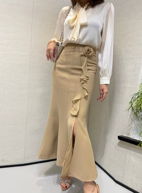 【新品88折】立体玫瑰花鱼尾半身裙 前开叉荷叶边高腰包臀长裙