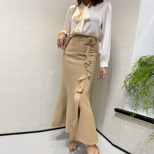 【新品88折】立体玫瑰花鱼尾半身裙 前开叉荷叶边高腰包臀长裙