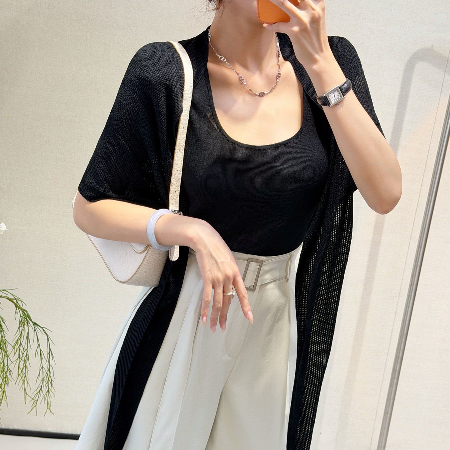 【新品85折】大U领修身打底衫+镂空披肩两件套透气日常百搭针织衫