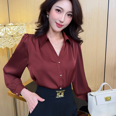飞姐定制2026韩版通勤立领金属扣气质衬衫灯笼袖雪纺衫缎面上衣女