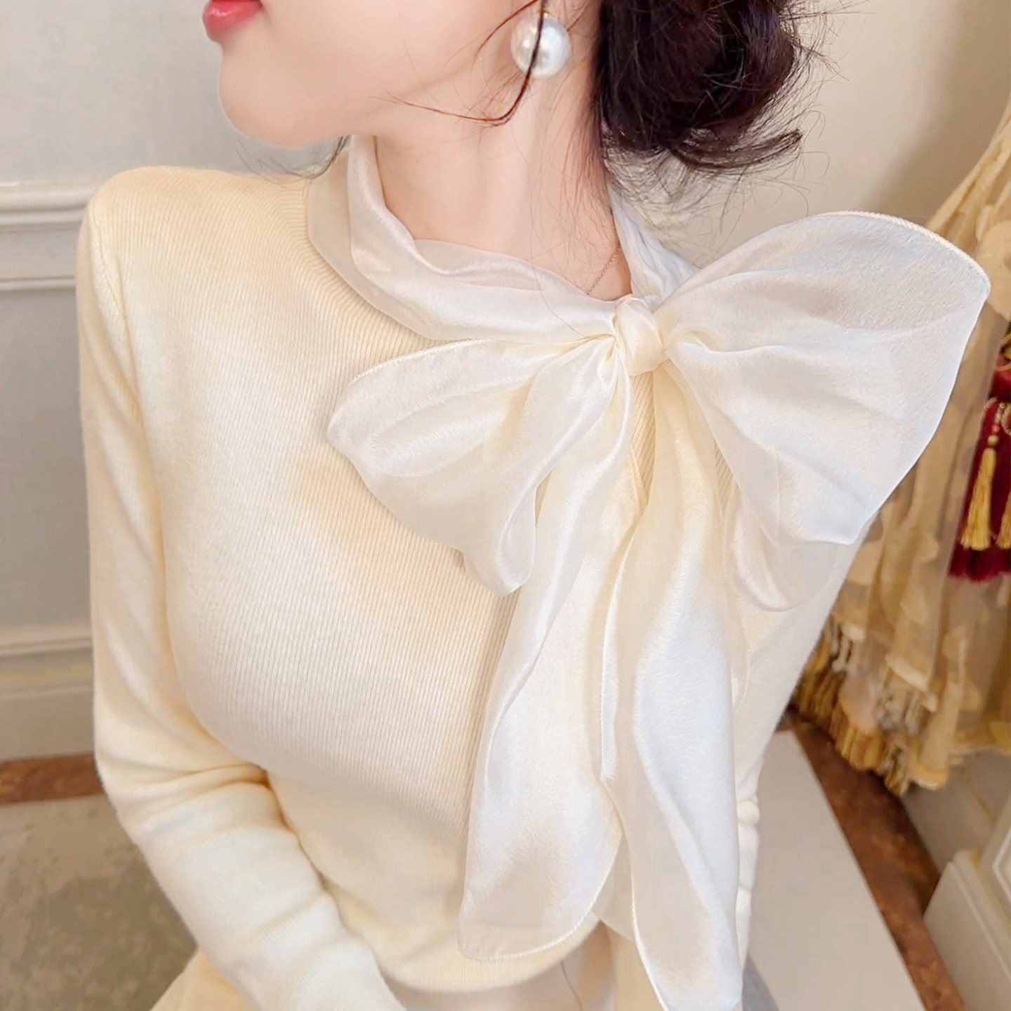 【新品9折】法式蝴蝶结绑带针织衫女秋冬新款长袖打底衫内搭上衣