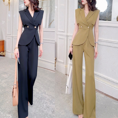 飞姐定制气质OL西装套装女无袖设计收腰上衣直筒裤两件套