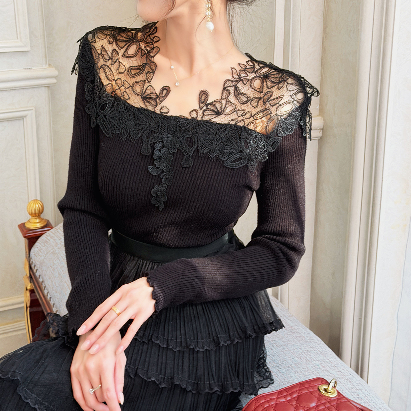 【新品9折】2026春韩版勾花蕾丝V领长袖针织毛衣透视露肩针织衫女,女装/女士精品,毛针织衫,淘宝优惠券,粉丝福利购,淘宝优惠卷
