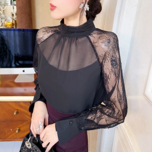 衬衣 女轻奢镂空上衣V领显瘦长袖 飞姐定制气质蕾丝袖 拼接衬衫