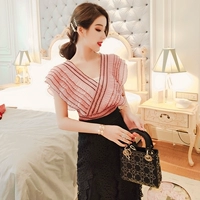 Áo len cổ lọ màu xám phương Tây cổ điển gợi cảm V-cổ ren voan nữ mùa hè 2019 mới áo hàn quốc - Áo sơ mi chiffon ren áo sơ mi tím