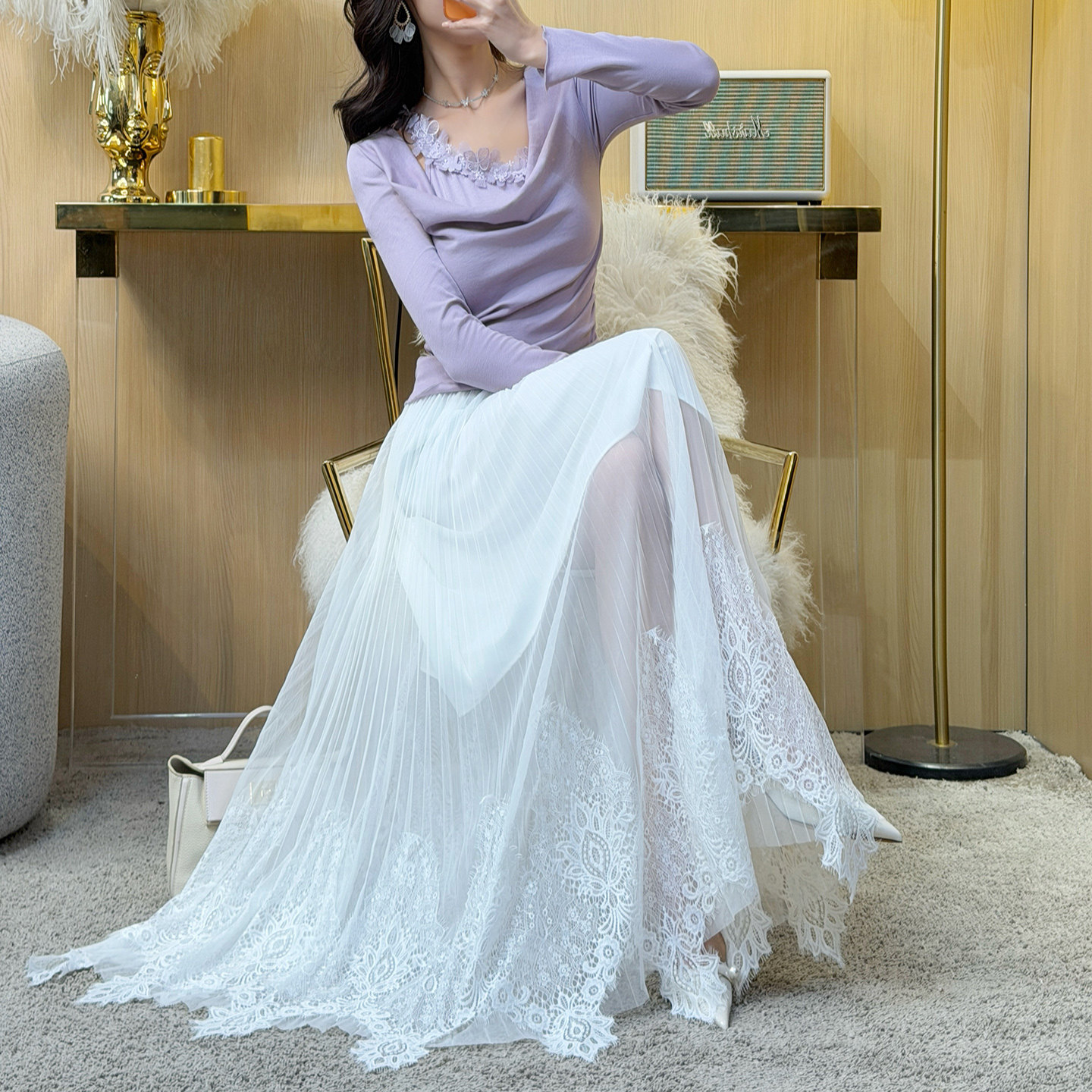 飞姐定制2026春装韩版百褶网纱蕾丝边高腰半身裙气质显高大摆伞裙