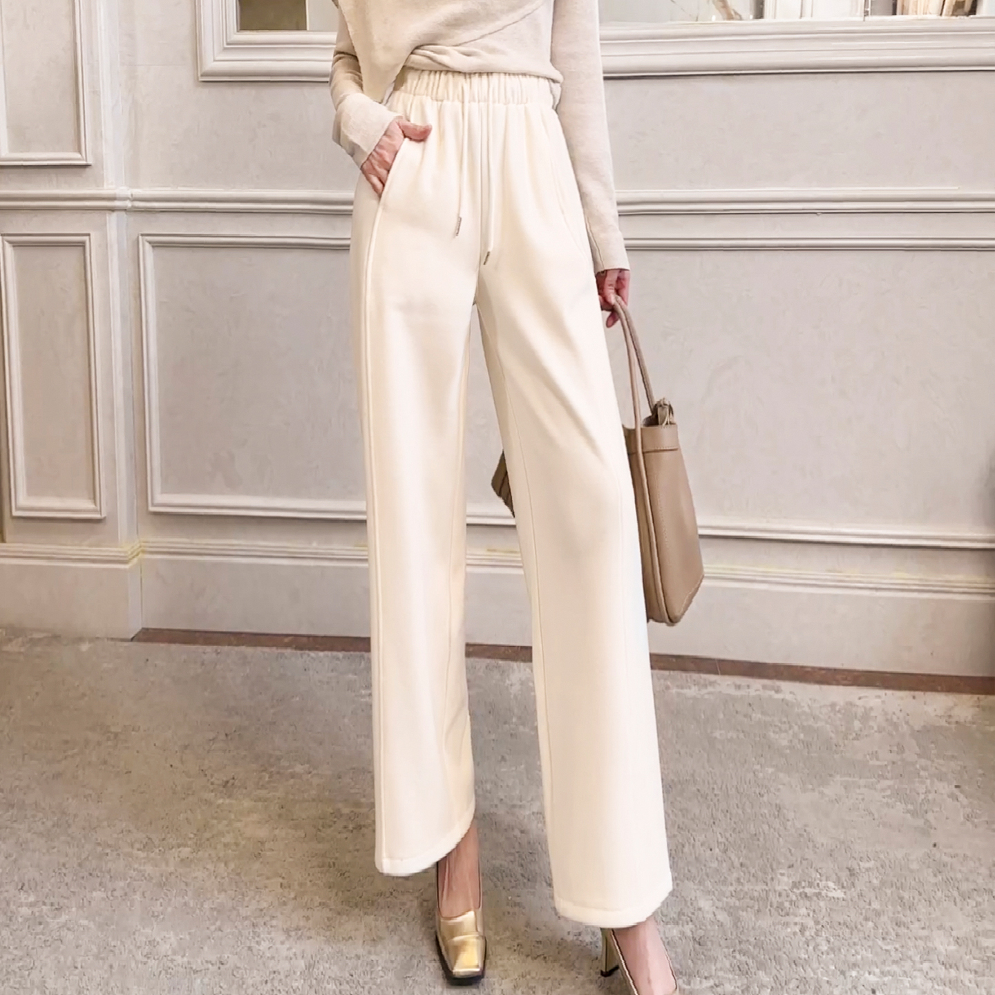 【新品9折】抽绳杏色高腰宽松九分直筒裤女时尚加绒小个子休闲裤