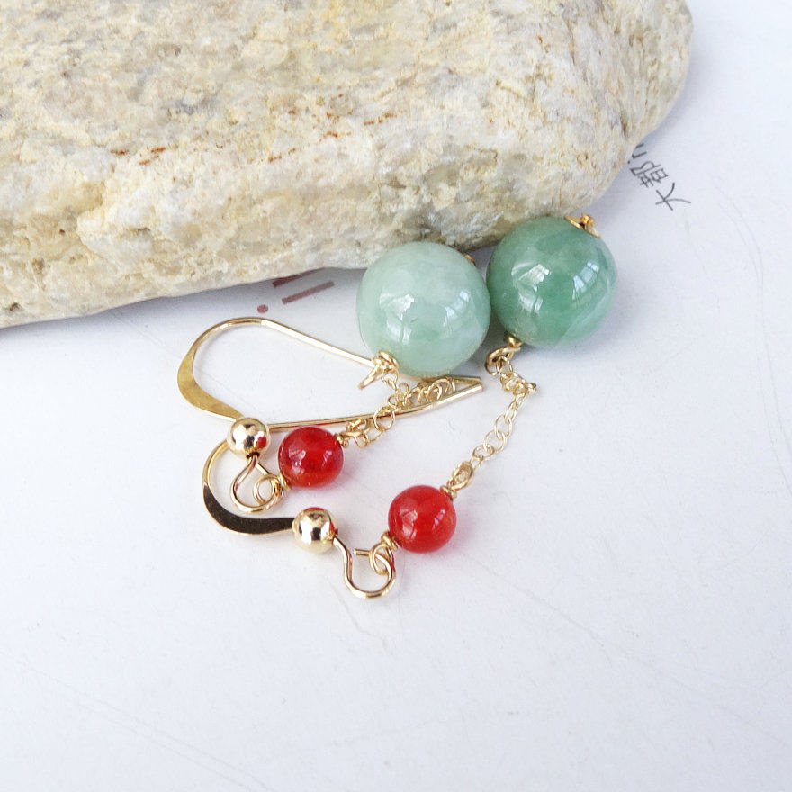 清风 天然缅甸翡翠圆珠耳环耳坠长款14K注金气质古典百搭小众设计,饰品/流行首饰/时尚饰品新,耳环,淘宝优惠券,粉丝福利购,淘宝优惠卷