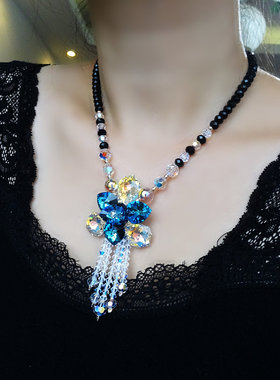 蓝色水晶短款流苏毛衣链