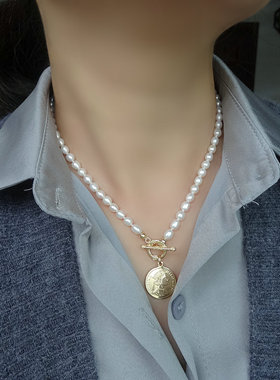 天然强光淡水珍珠项链OT扣颈链轻奢小众设计ins风锁骨链14K包金