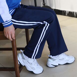 南韩丝春秋款校服裤子二条杠光滑面料夏季薄款校裤藏蓝直筒运动裤