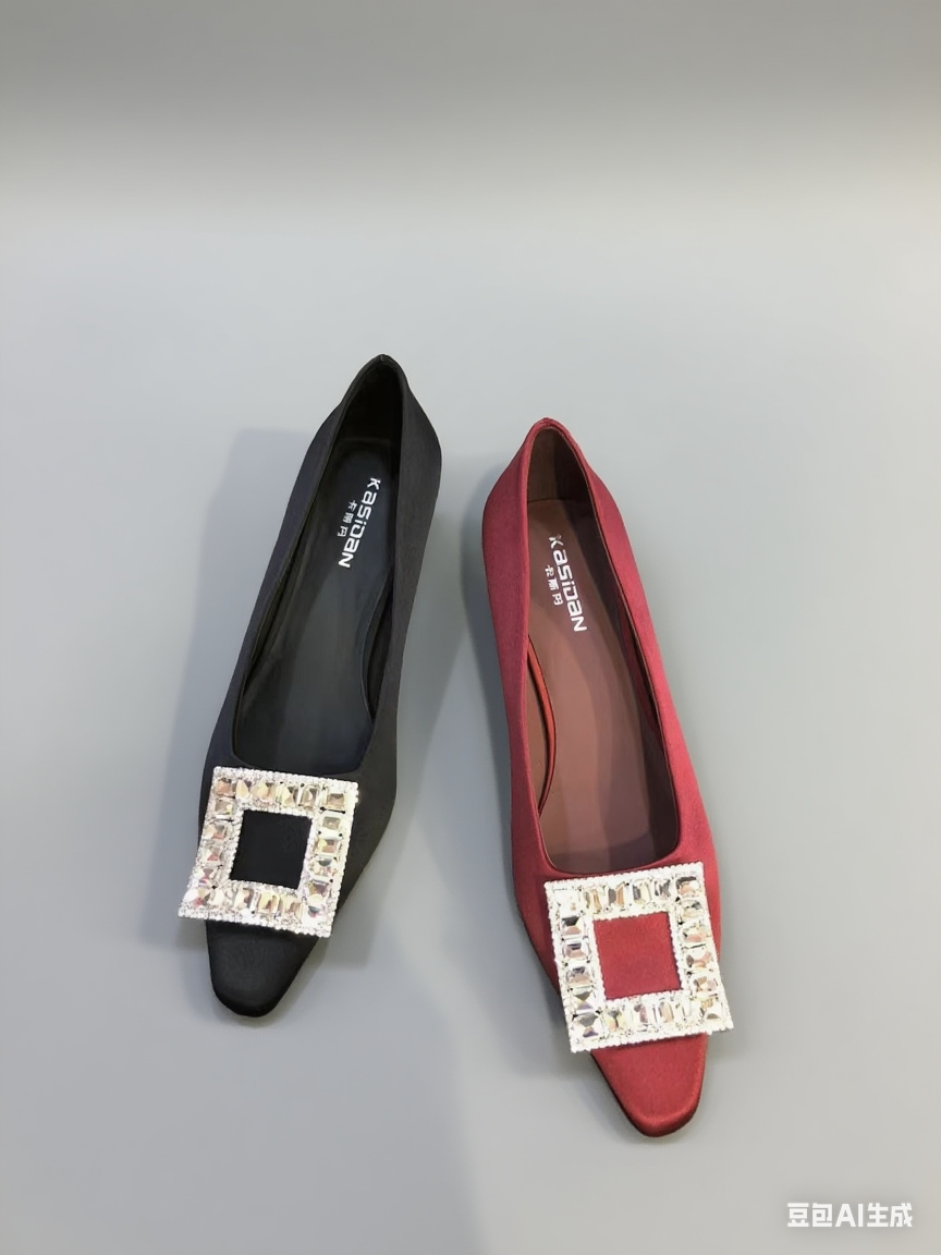 欧洲站2025欧货新品真丝布方头水钻浅口单鞋女低跟细跟方扣女鞋