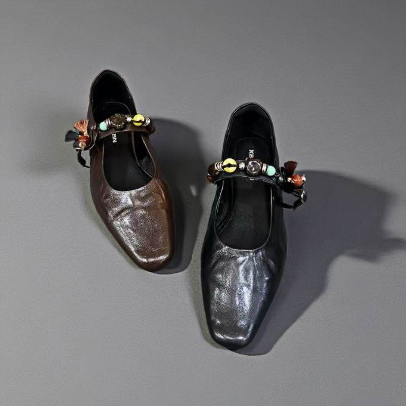 欧货2025秋新品女鞋牛皮串珠一字扣带玛丽珍鞋女平底软底浅口单鞋