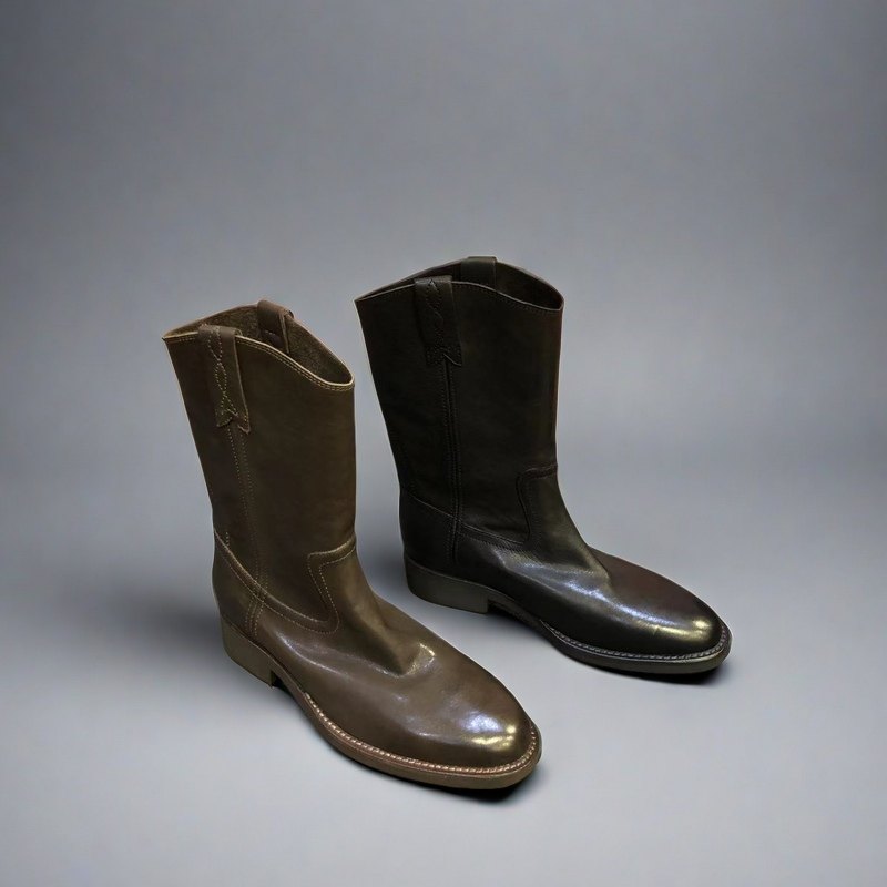 欧洲站水洗牛皮平底宽松女靴子中筒靴秋冬季欧货新款骑士靴马丁靴