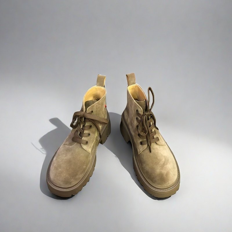 卡斯丹24秋冬欧货新款女靴马丁靴磨砂牛皮圆头厚底粗跟绑带短靴