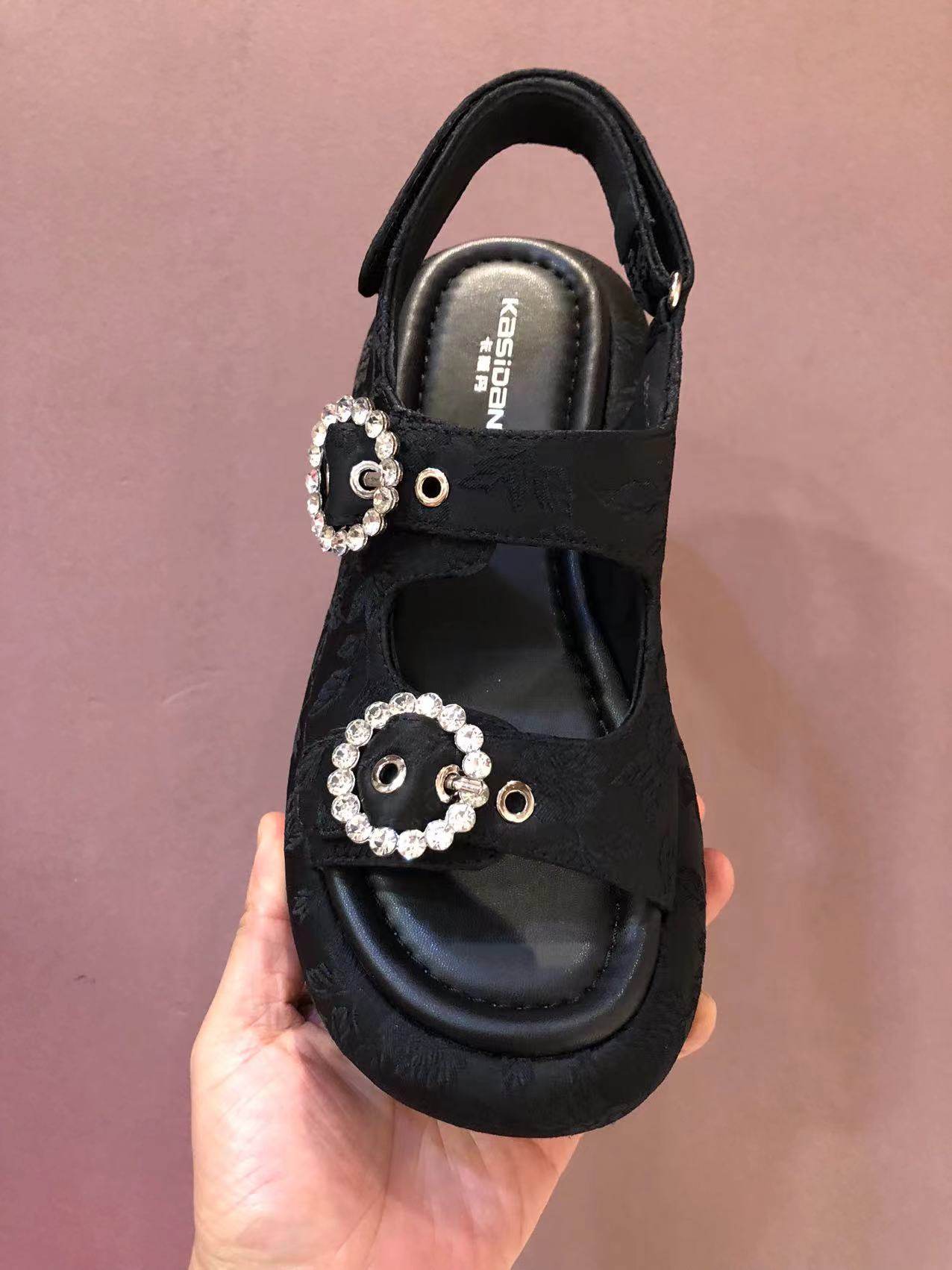 2024夏季新款女鞋厚底增高凉鞋外穿时尚百搭水钻一字带罗马沙滩鞋