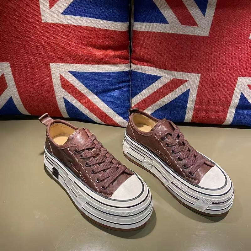 卡斯丹2025秋新欧货牛皮厚底板鞋女圆头系带深口休闲鞋百搭女单鞋