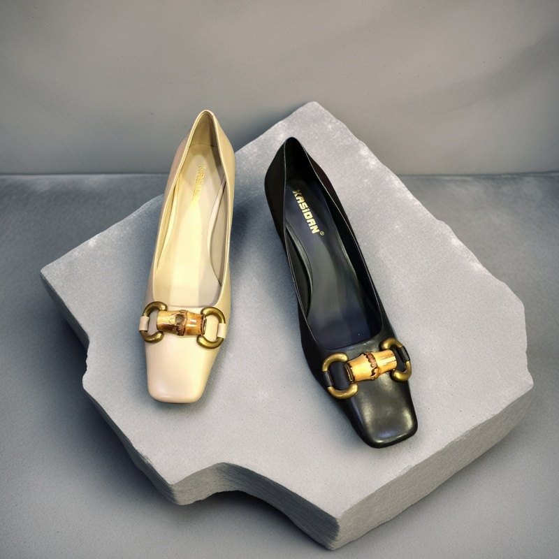 卡斯丹2025年春季欧货新款胎牛皮低跟方头浅口竹节扣女鞋细跟单鞋