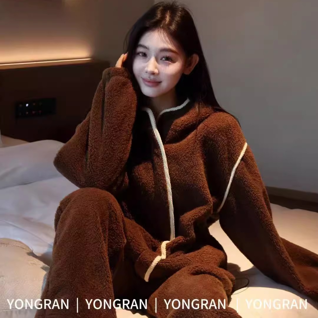 雍然加绒过冬睡衣保暖双面加厚绒珊瑚绒海岛绒长袖运动家居服实体