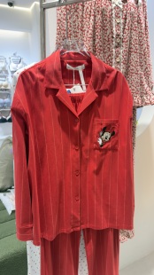 贝妍女款情侣款红色条纹莫代尔家居服秋冬宽松套装纯棉长袖睡衣