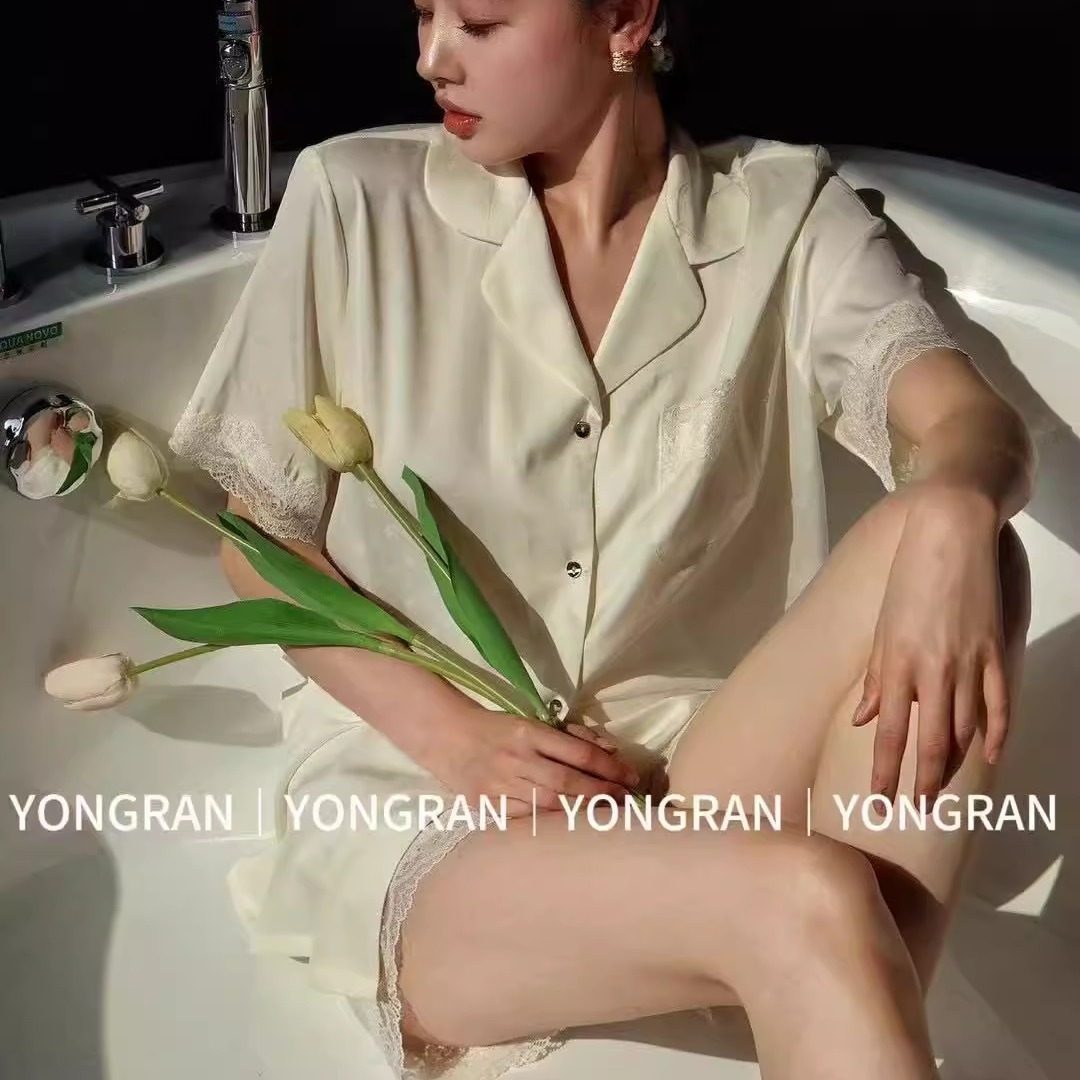 雍然原创暗纹米色黑色睡衣女YONGRAN南韩丝冰丝外穿款高级家居服